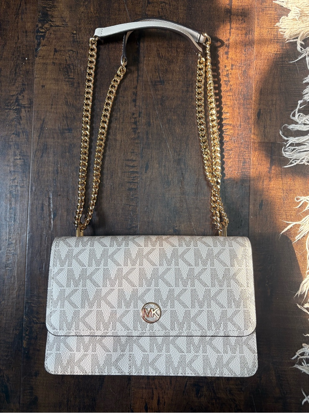 Michael Kors Cream MK Logo Chain Shoulder Bag with Gold Hardware